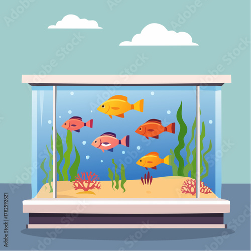 Aquarium remplit de jolis poissons colorés, algues, corail