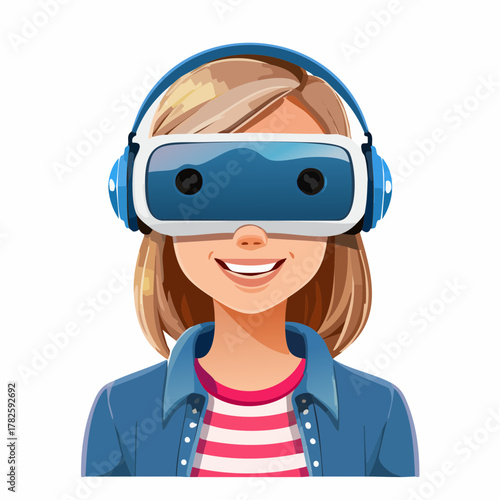 Jeune femme souriante porte un casque de réalité virtuelle sur le visage, isolé sur fond blanc