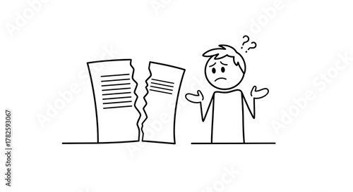 A confused stick figure stands next to a torn piece of paper, questioning the damage.
