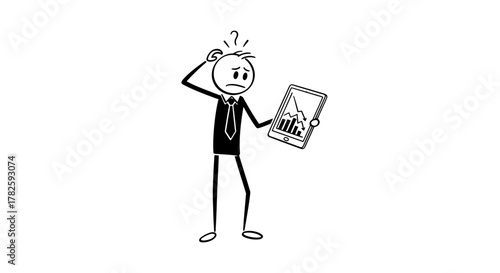 Confused businessman looking at a tablet showing a downward trending graph, indicating financial loss or poor performance.
