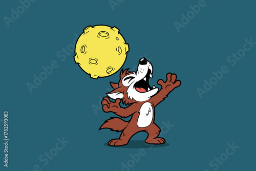 Cartoon wolf howling at the moon with open mouth and raised paws