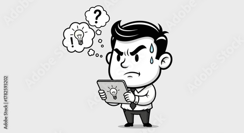 Cartoon man sweating while looking at a tablet with a lightbulb icon, thinking about ideas.