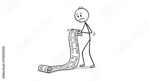 Cartoon stick man looking at a long bill with a worried expression.