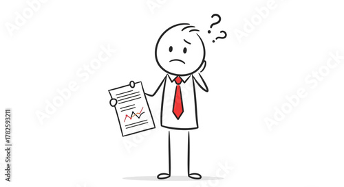 Stick figure businessman confused by a report with a downward trend.