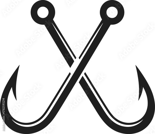 Two crossed fishing hooks on a white background
