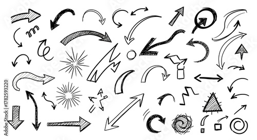 A collection of hand-drawn arrows and graphic elements, including curved, straight, and stylized designs, on a white background.