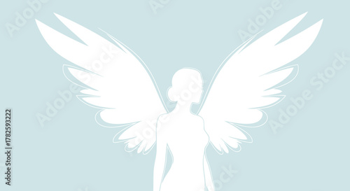 Silhouette of an angel with large wings on a light blue background.