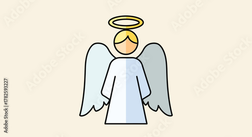 A simple cartoon illustration of a standing angel with a golden halo and light blue wings on a plain background.