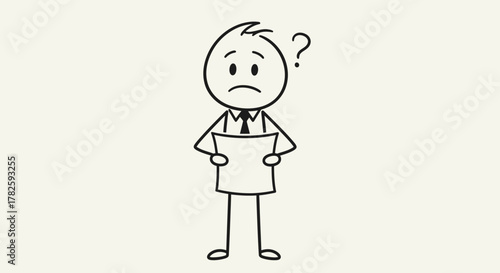 A stick figure businessman looking confused, holding a blank paper, with a question mark above his head.