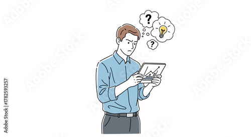 Man looking at tablet with questions and idea, thinking about a solution.