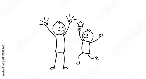Hand-drawn stick figures of an adult and a child celebrating an achievement with a star.