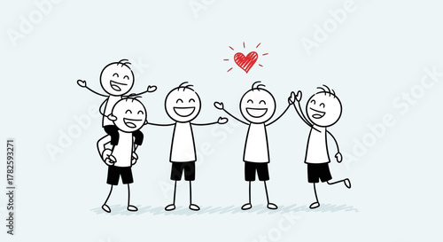 Happy stick figures depicting friendship, teamwork, and positive social interaction with a heart symbol.