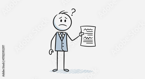 A confused stick figure man in a suit holding a document with a question mark above his head.