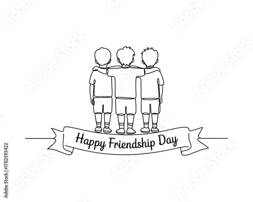 Three boys arms around shoulders with happy friendship day concept 