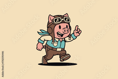 Cute Pig Pilot Cartoon Character Running with Goggles and Scarf.
