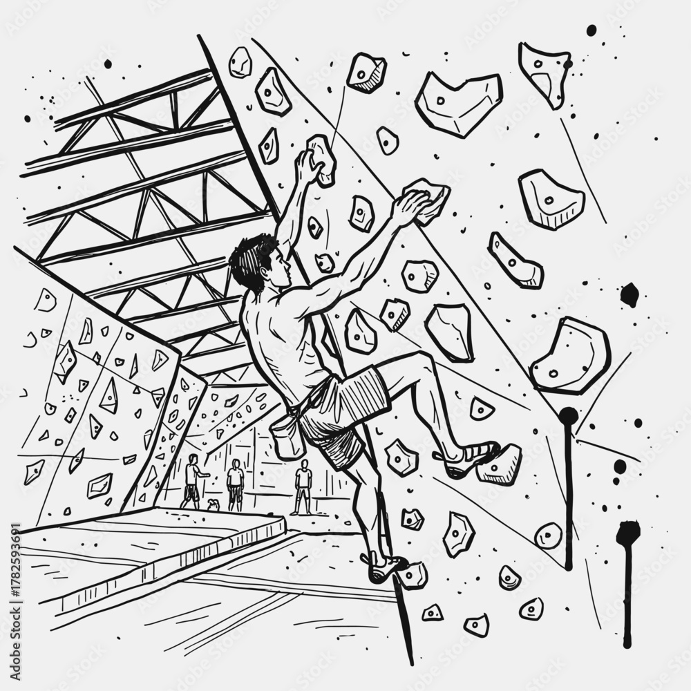 Fototapeta premium man climbing a wall in a climbing gym, bouldering sketch