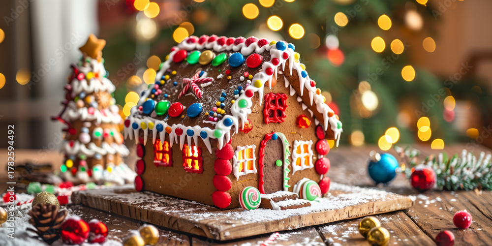 Obraz premium Festive gingerbread house decorated with colorful candies, frosting, and peppermint sticks, placed on a wooden table with Christmas lights glowing in the background.