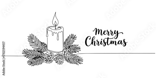 Continuous one line Christmas candle with pine accents and "Merry Christmas" written in handwritten style, hand drawn vector illustration. Perfect for greeting cards or posters.