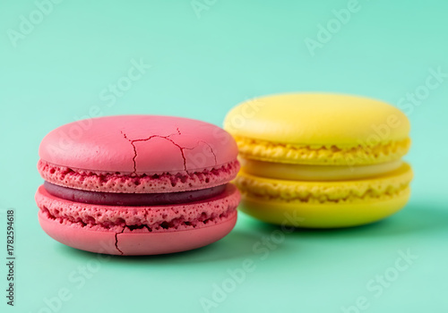 Vibrant Macarons on Mint Green Background