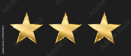 Three golden stars on dark background, Rating golden stars icons, Top quality concept, Vector illustration.