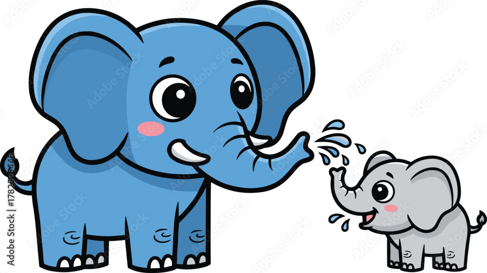 Obraz premium Cartoon elephants playing with water, parent and child moment, cute animal illustration, joyful bonding, colorful vector art, isolated white background