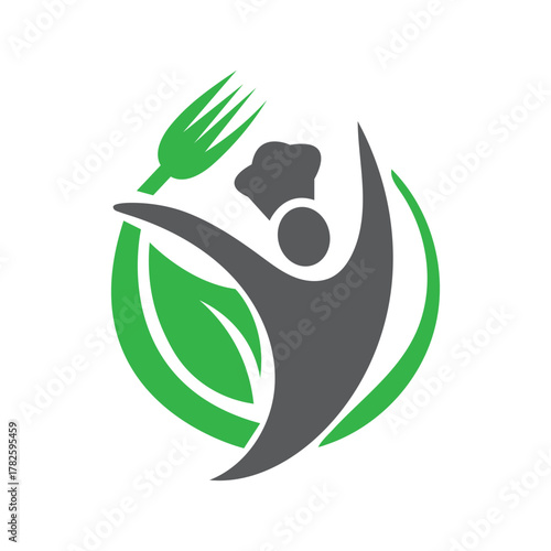 Abstract chef icon with leaf and fork representing wellness cooking, healthy food, and sustainable dining.