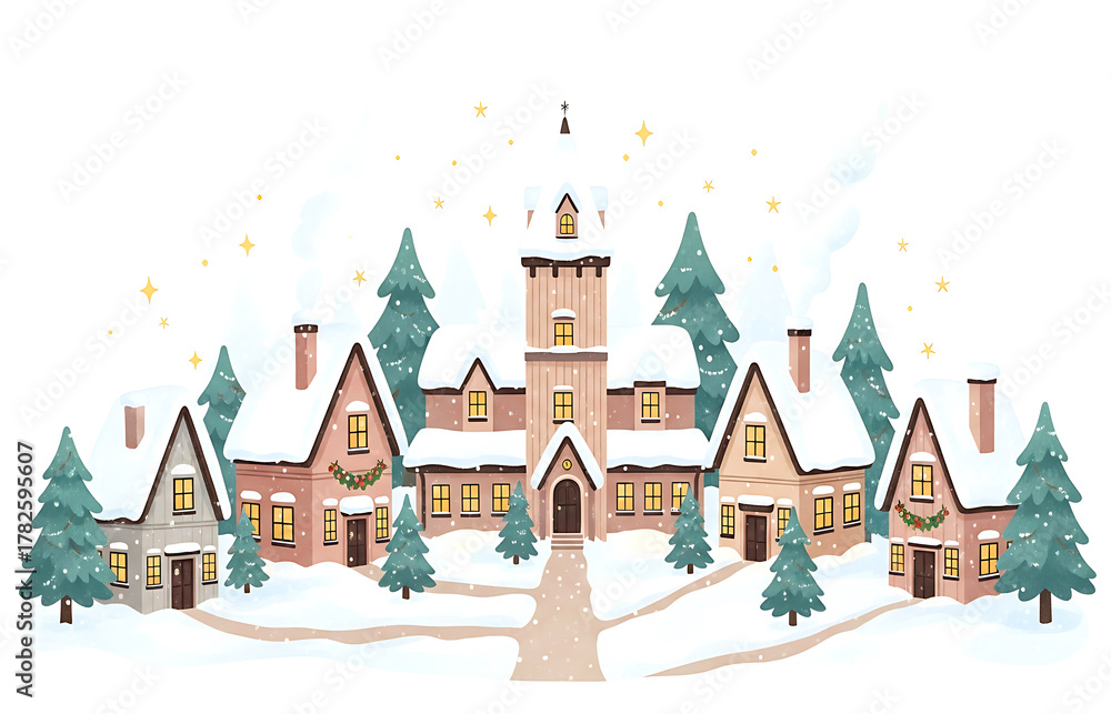 Fototapeta premium Charming Winter Village Illustration with Snow Covered Houses and Trees