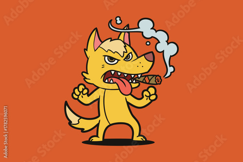 Angry cartoon wolf smoking a cigar with smoke coming out.