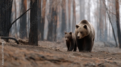 A mother bear guiding her cub through scorched forest ground, blackened trees and lingering smoke