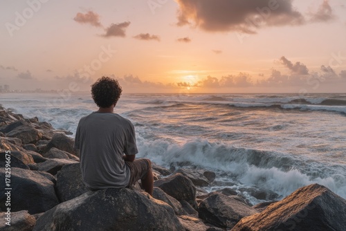 The sun sets over the ocean, casting a warm glow on a person reflecting on the rocks by the shore