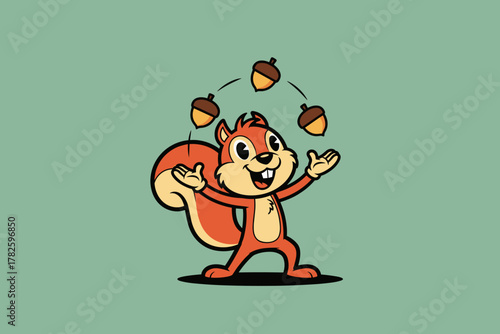 Cute Cartoon Squirrel Juggling Acorns with a Playful Expression.
