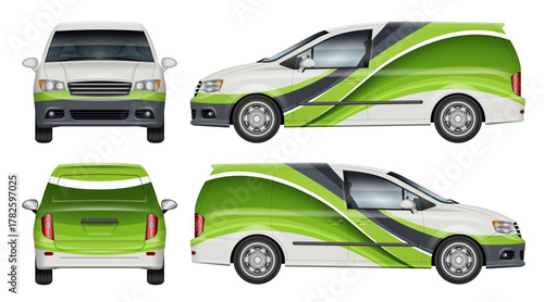 Delivery minivan wrap vector mockup shown from side, front, rear view. Perfect for corporate identity, vehicle branding and design concepts. All elements in the groups are in separate layers.