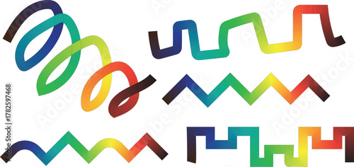 Colorful abstract gradient lines collection: diverse winding, zigzag, and stepped patterns on clean white background
