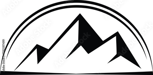 Black and white graphic illustration of jagged mountain peaks within an arch