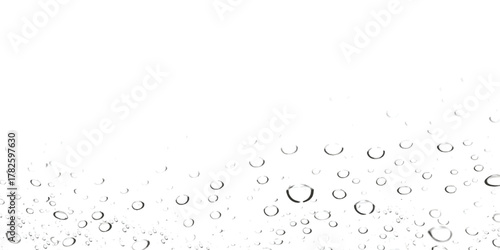 Close up of water droplets on a clear surface isolated on white background