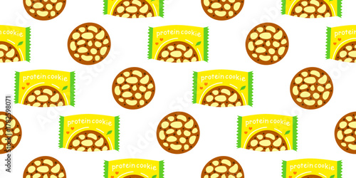 Seamless pattern with hand drawn flat protein cookies in packs. Cute background with gym food.