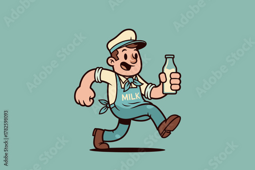 Retro Cartoon Milkman Delivering Fresh Milk Bottle with Enthusia