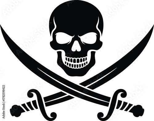 Black skull and crossbones with crossed sabers pirate symbol