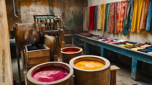 Traditional dyeing machine with spinning drums inside a workshop where natural fibers are dyed in rich tones with vivid splashes of color and fabric samples neatly arranged on nearby counters