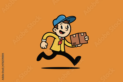 Happy Delivery Man Running with Package, Express Shipping Servic
