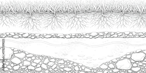 Cross section of soil layers with grass roots and water isolated on white background