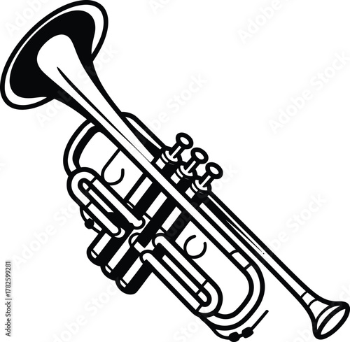 Black and white illustration of a brass trumpet musical instrument