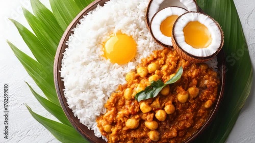 A bowl of rice and beans topped with fried eggs, all served in a traditional manner with banana leaf. A healthy and balanced meal suitable for vegetarians or those following plant-based diets.