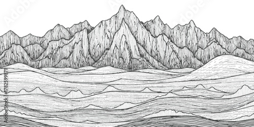Detailed line art illustration of jagged mountains and rolling hills isolated on white background