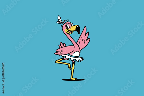 Cartoon Flamingo Dancer in Tutu with Feathered Headband.