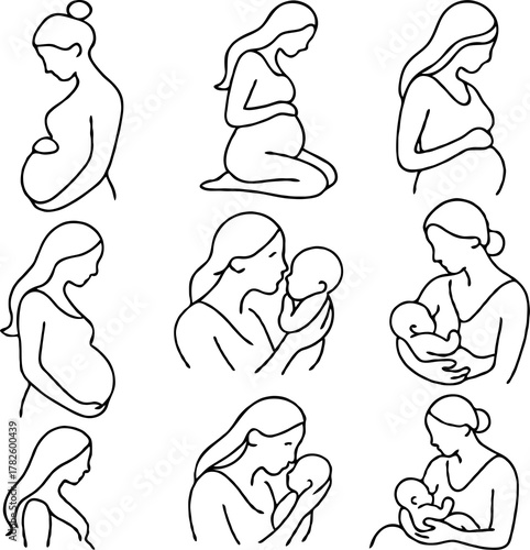 Illustration Pregnant woman silhouettes set, maternity, pregnancy, motherhood concept. Outline Infants Doodle icons drawing, Symbol Mothers with newborns Line art. Moms and Babies Love Collection