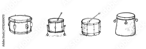 Drum Set Line Icon Collection In Doodle Style. Percussion Instruments, Music, And Rhythm Outline Sketch. Hand Drawn Isolated Vector Illustration