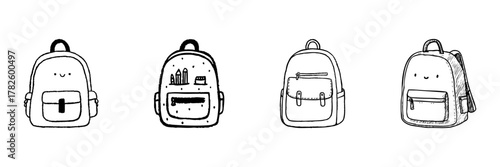Cute Backpack Line Icon Set In Doodle Style. School Supplies, Travel Gear, And Fashion Accessories Outline Sketch Collection. Hand Drawn Isolated Vector Illustration