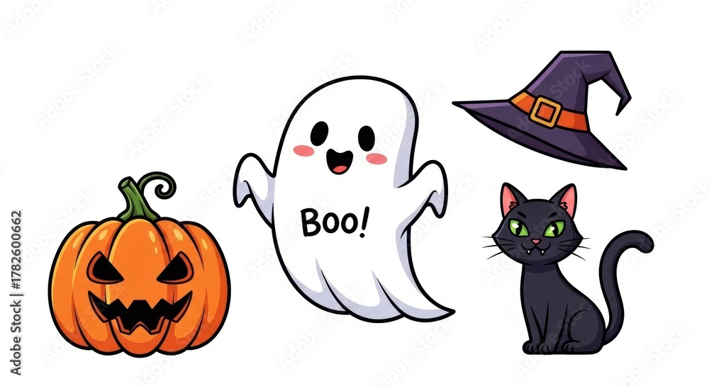 Fototapeta premium Cute and Spooky: Cartoon Halloween Icons Featuring Ghost, Pumpkin, Witch Hat, and Black Cat