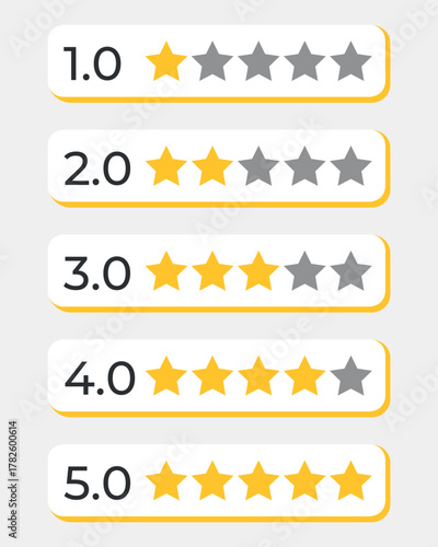 Five-star rating icon. Vector golden gradient: The product is rated with five stars by customers. Suitable for feedback, product reviews, or client and employee rating concepts. Vector illustration, E